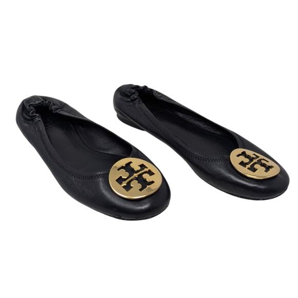 Tory Burch Minnie Black Leather Ballet Flats Gold Logo Size 7 - Picture 3 of 7